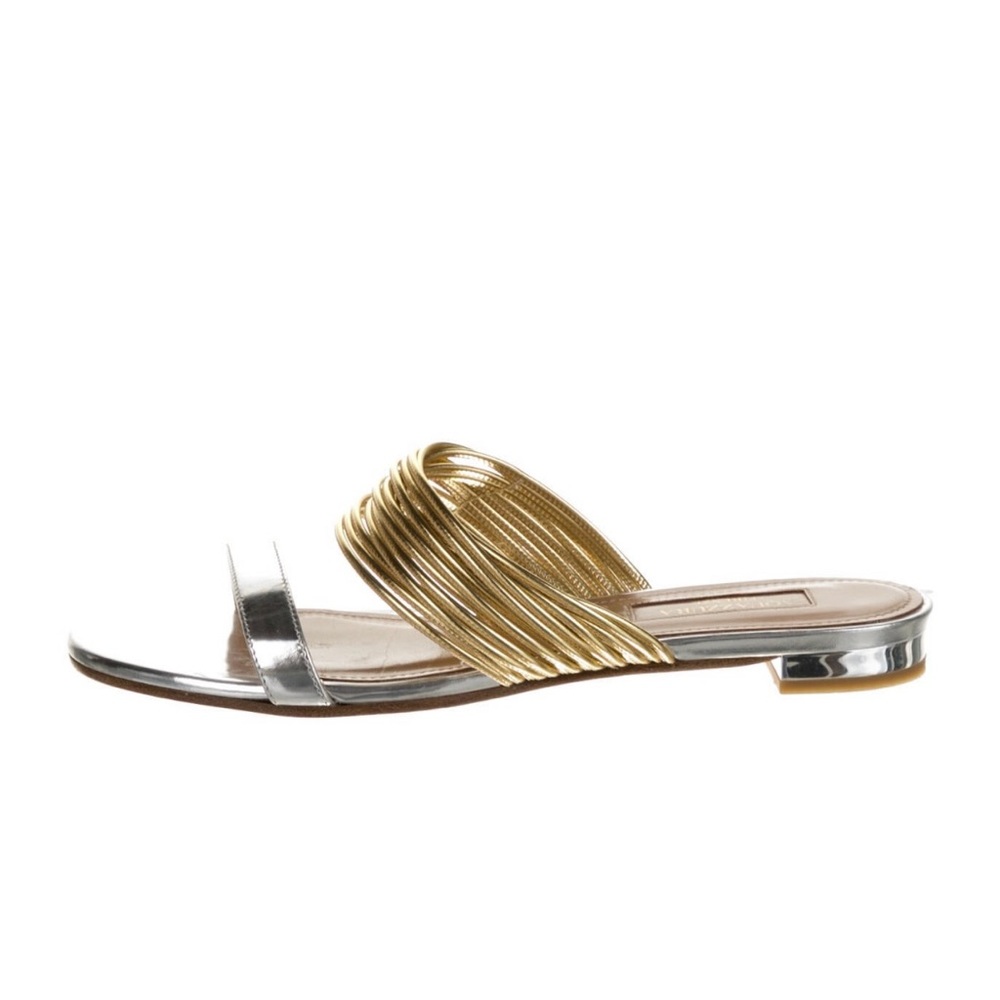 Aquazzura Rendez Vous Silver & Gold Strap Leather Flat Slides IT 35